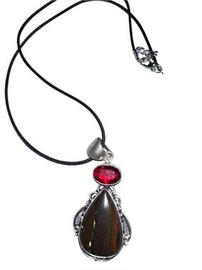 Elegant Brown Teardrop and Red Stone Pendant in Sterling Silver